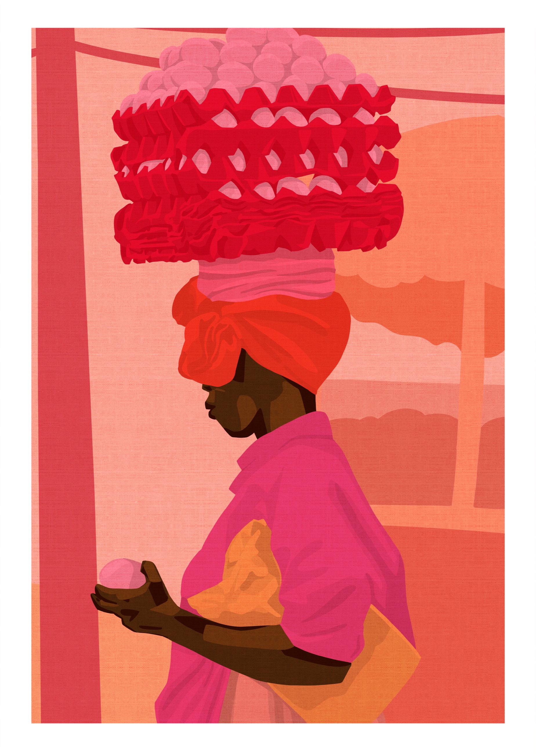 Fine Art Print von Mara — Figur mit Korb in warmen Orange- und Pinktönen