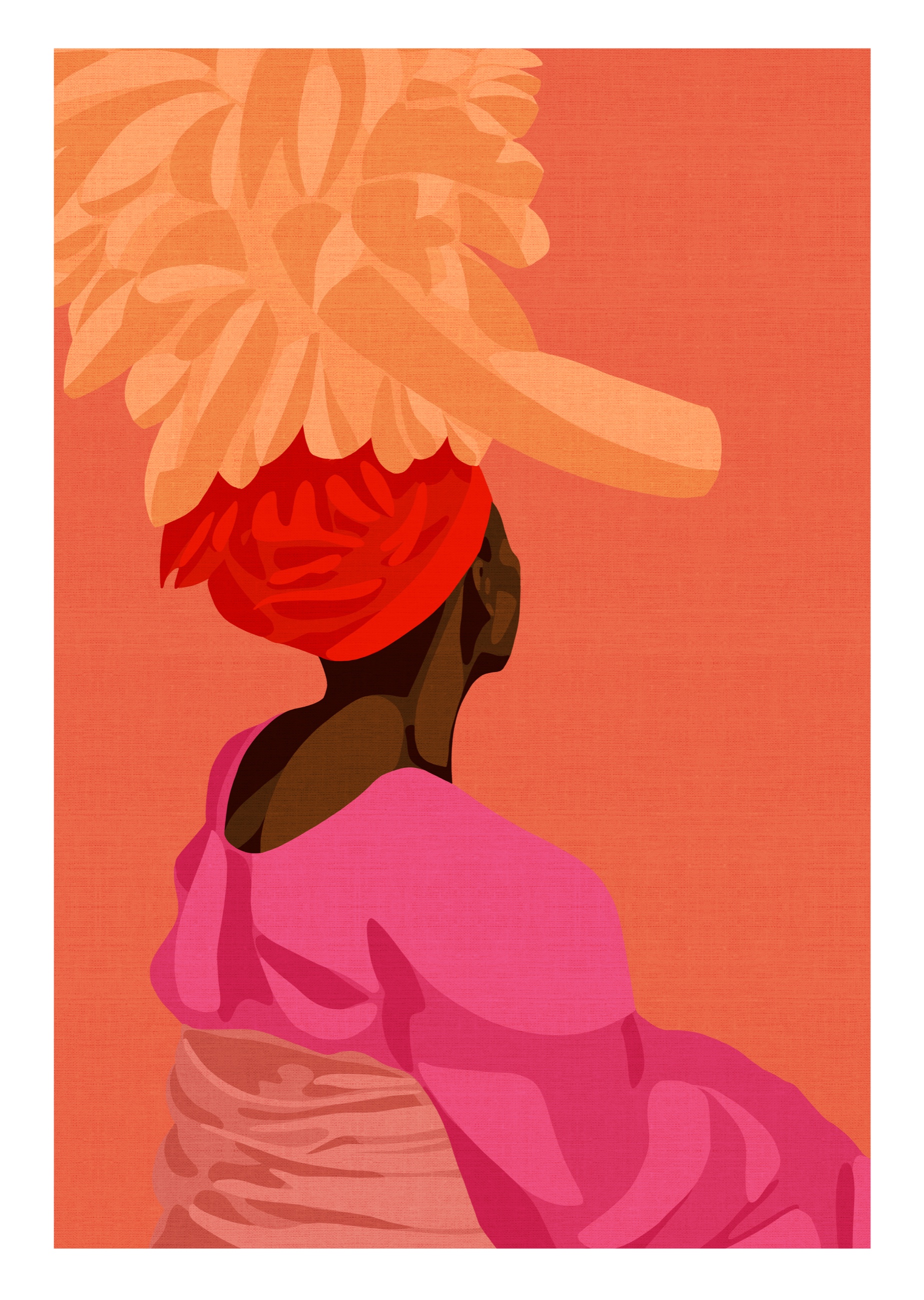 Fine Art Print von Mara — Porträt mit Blütenkopf in Orange und Pink