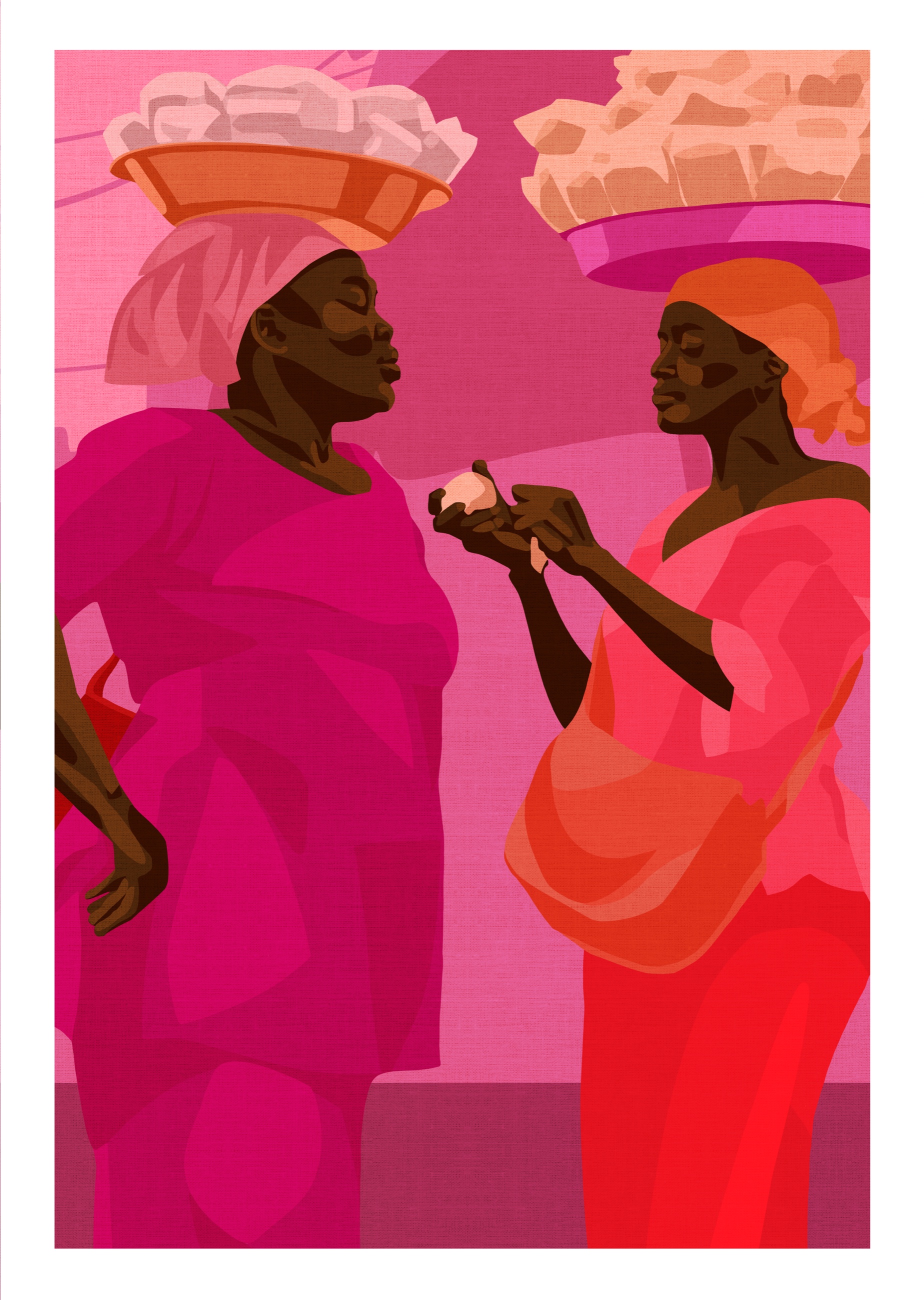 Fine Art Print von Mara — zwei Frauen mit Körben in Rot und Gelb
